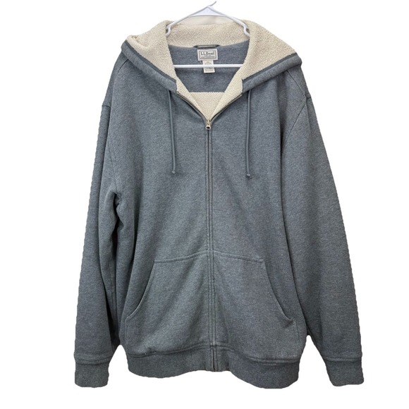 LL Bean Mens Gray Iron Works Full Zip Fleece Lined Hooded Sweatshirt LARGE TALL - Picture 2 of 10